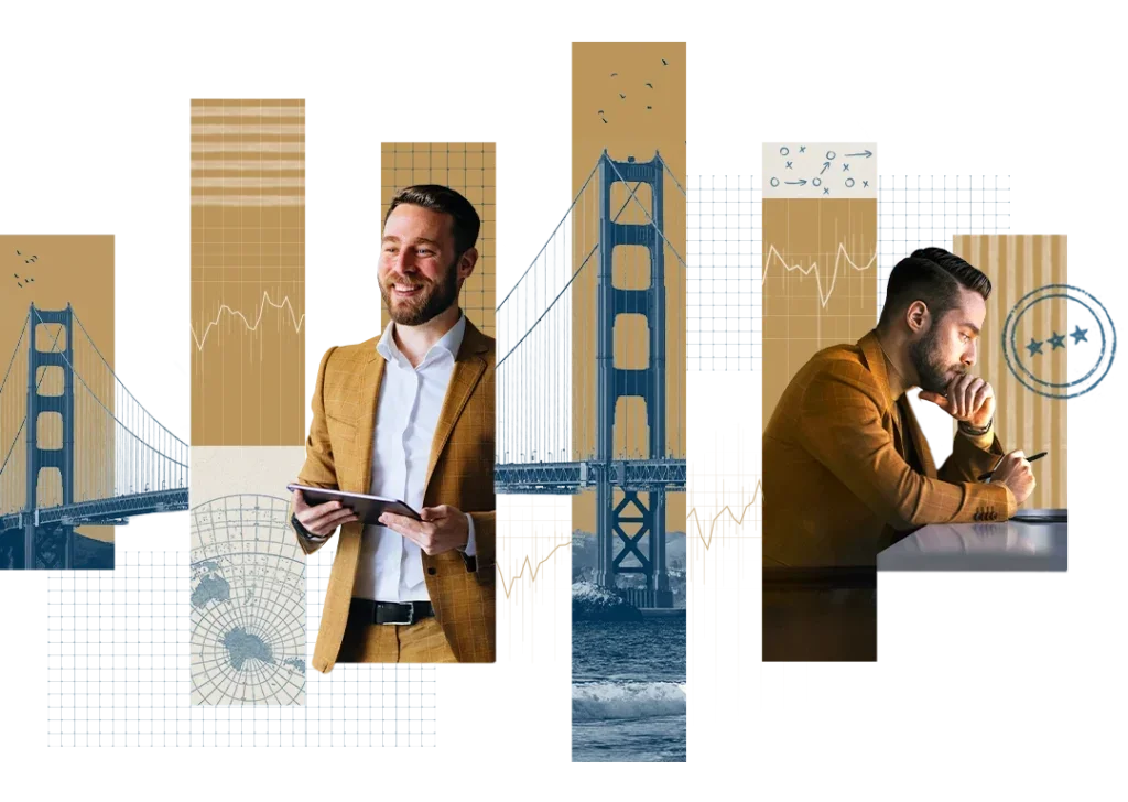 Six narrow panels of images including a the Golden Gate bridge, a man holding a tablet, and a man working at a laptop.